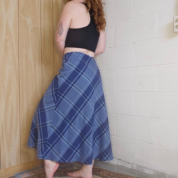 y2k Preppy Western Coastal Office Siren Cowgirl Blue Plaid Maxi Skirt - Picture 1 of 8
